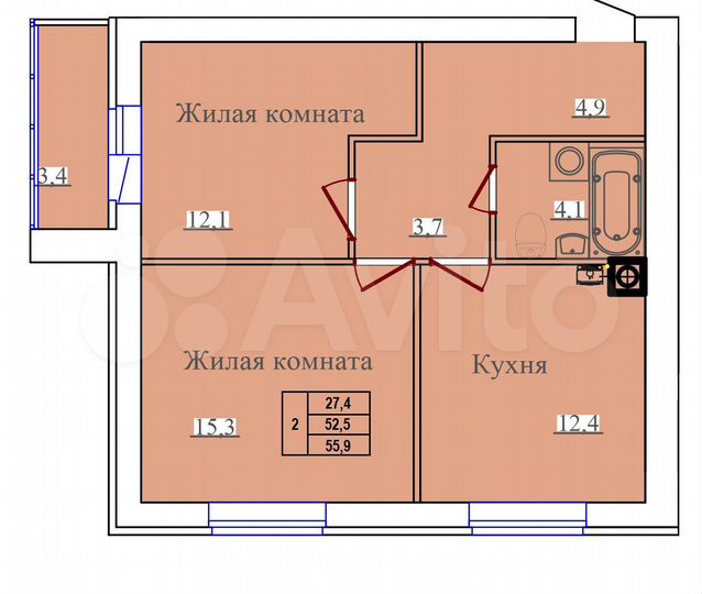 2-к. квартира, 55,9 м², 13/14 эт.
