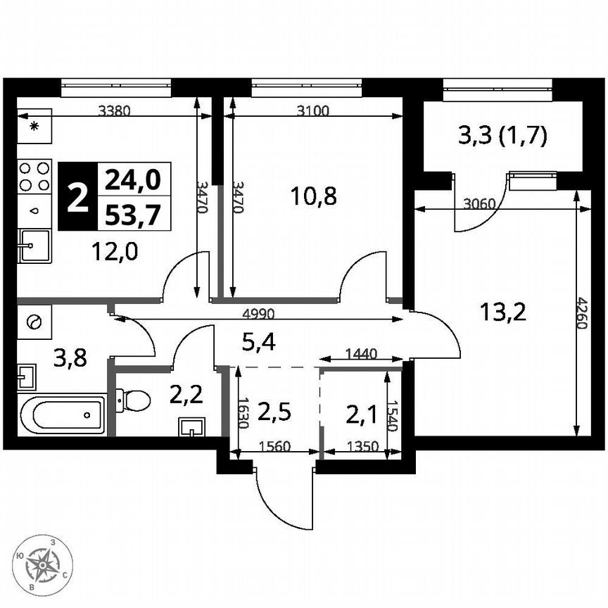 2-к. квартира, 53,7 м², 17/18 эт.