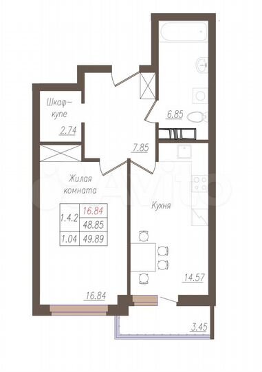 1-к. квартира, 48,9 м², 9/19 эт.