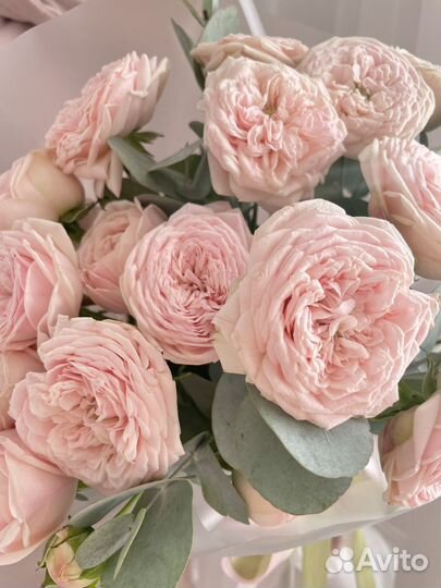 Букет из кустовых роз и эвкалипта