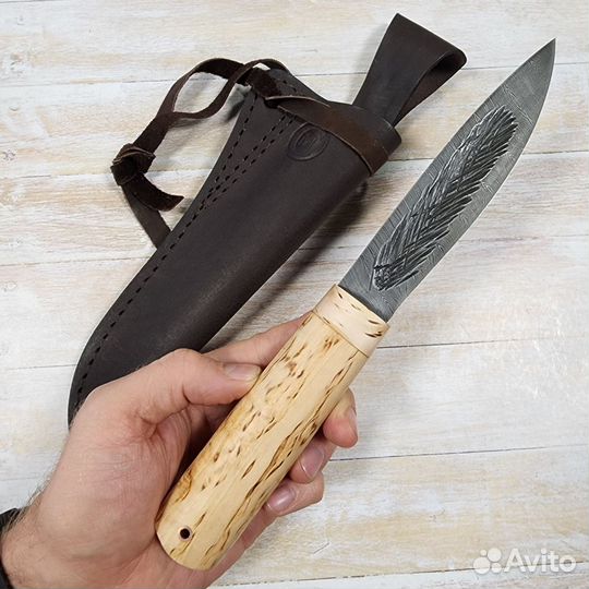 Нож Якутский Средний ст.Дамаск (карельская берёза) (Сёмин)