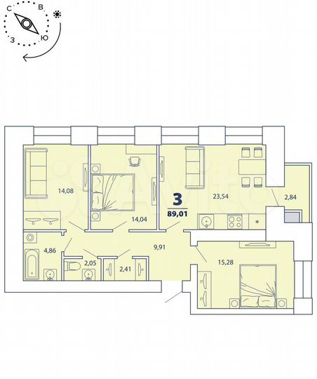 3-к. квартира, 89 м², 14/16 эт.