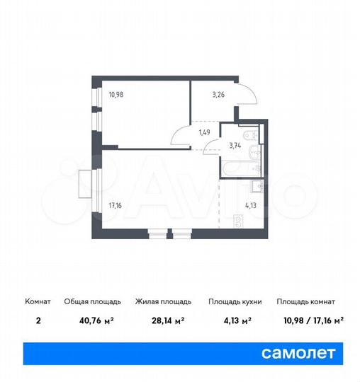 2-к. квартира, 40,8 м², 2/17 эт.