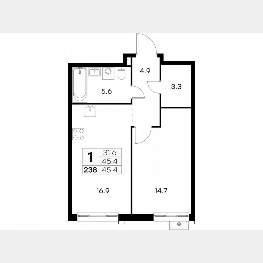 1-к. квартира, 45,4 м², 13/23 эт.