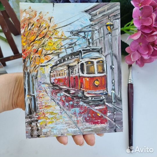 Трамвай картина маслом городской пейзаж живопись