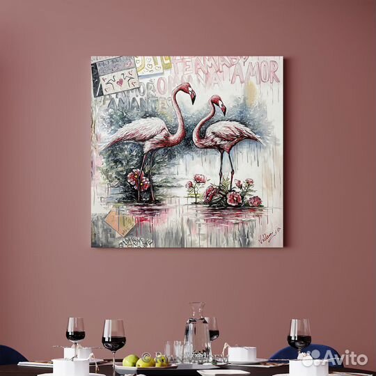 Современная картина, Фламинго, 80х80см, Птицы