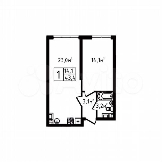 1-к. квартира, 43,4 м², 2/9 эт.