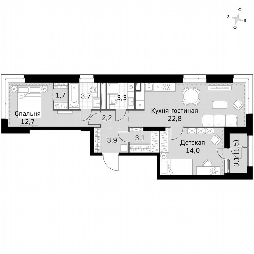 2-к. квартира, 69,6 м², 10/10 эт.