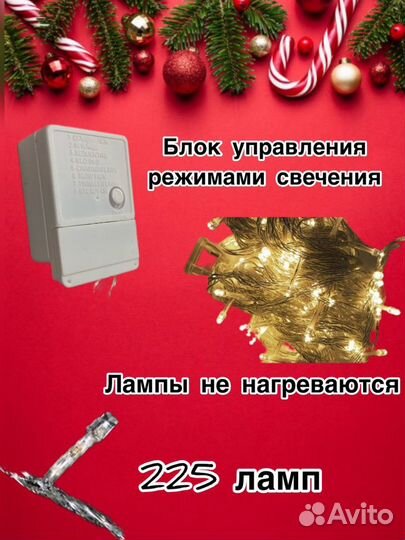 Гирлянда - занавес 3/3; штора на окно светодиодная