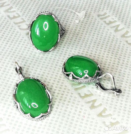 Серьги, кольцо серебрение хризопраз разм.18,0 С638