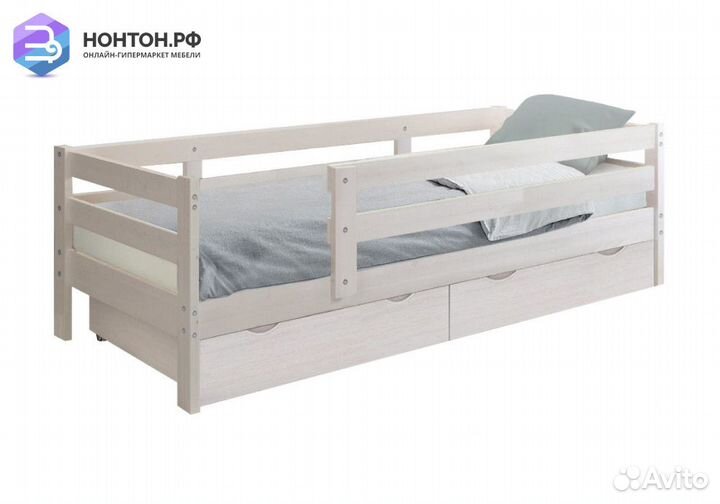 Кровать детская Норка с ящиками и бортиком выбелен