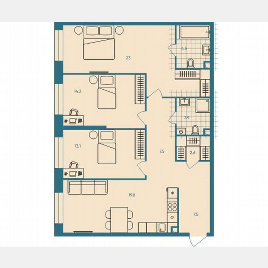 3-к. квартира, 96,1 м², 31/33 эт.