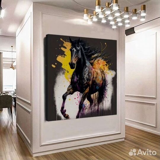 Картина маслом черная лошадь