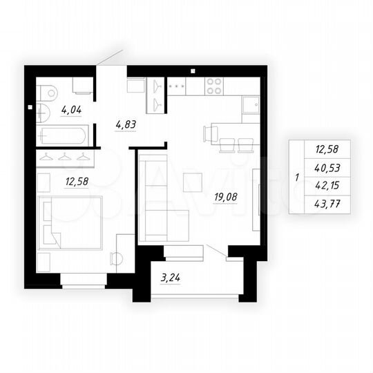 1-к. квартира, 42,2 м², 4/5 эт.