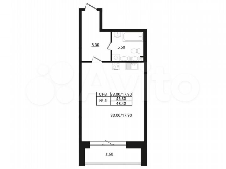 1-к. квартира, 48,4 м², 7/9 эт.