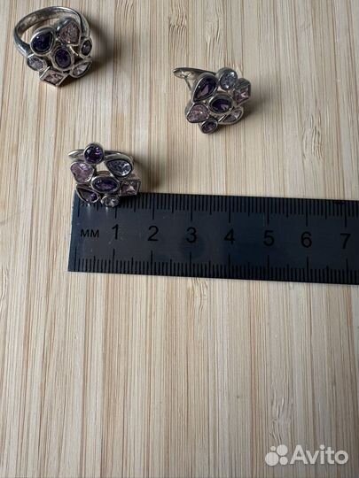 Комплект серебряные серьги и кольцо с камнями