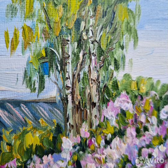Картина маслом пейзаж сирень цветы дом береза