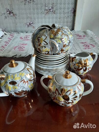 Чайный сервиз лфз костяной фарфор золотые ромашки