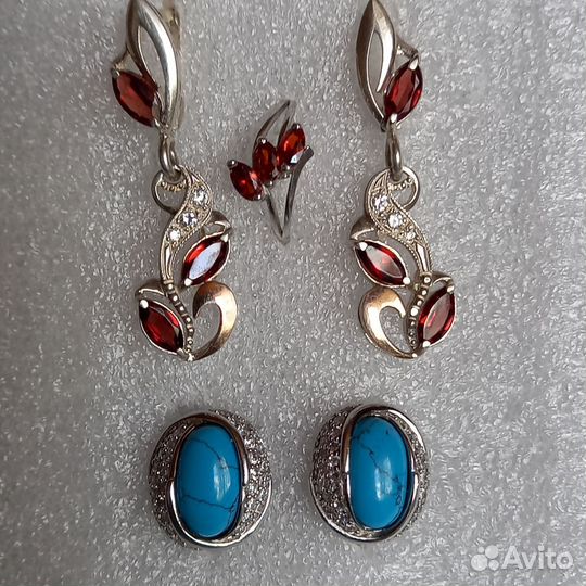 Серьги кольцо гранат, серьги бирюза