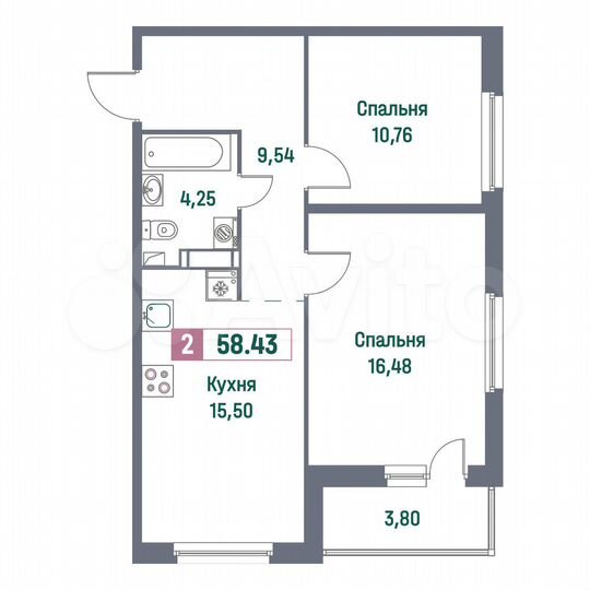 2-к. квартира, 58,4 м², 12/16 эт.