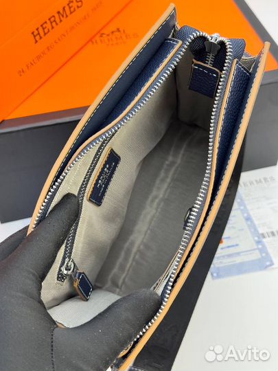 Сумка планшет Hermes натуральная кожа синяя