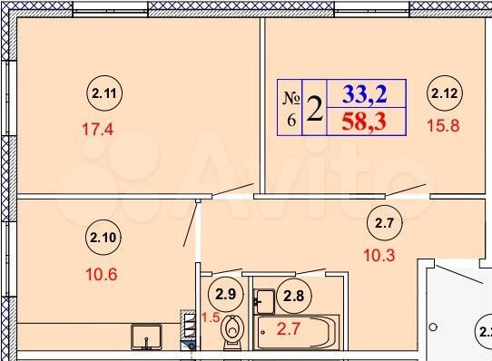 2-к. квартира, 58,3 м², 2/3 эт.