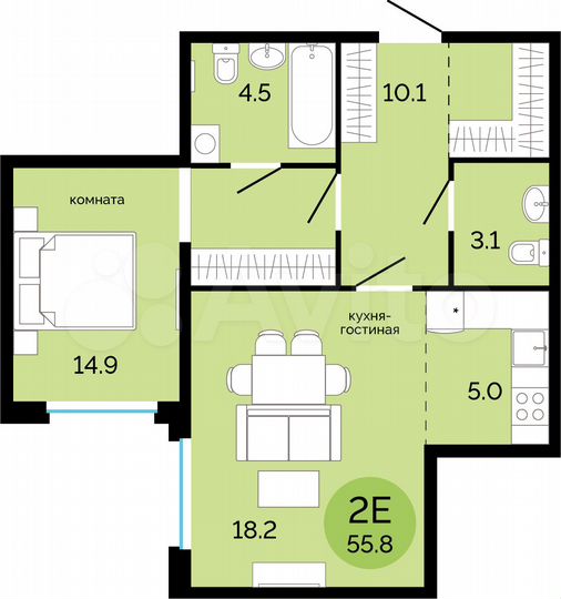 2-к. квартира, 55,8 м², 7/17 эт.