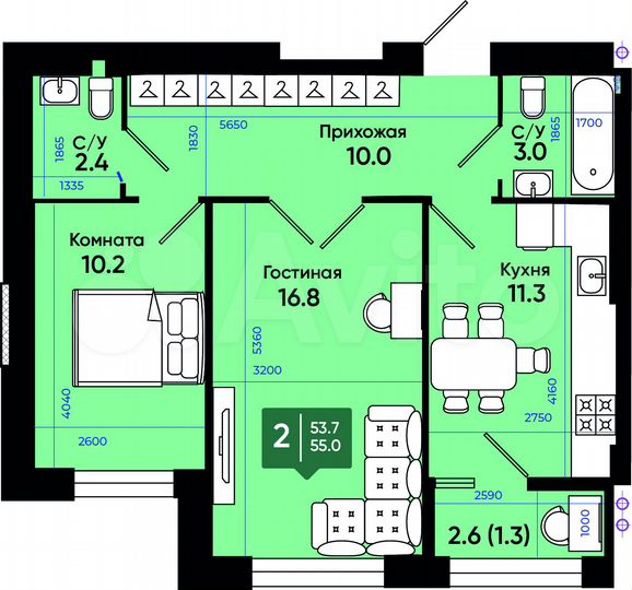 2-к. квартира, 55 м², 3/3 эт.