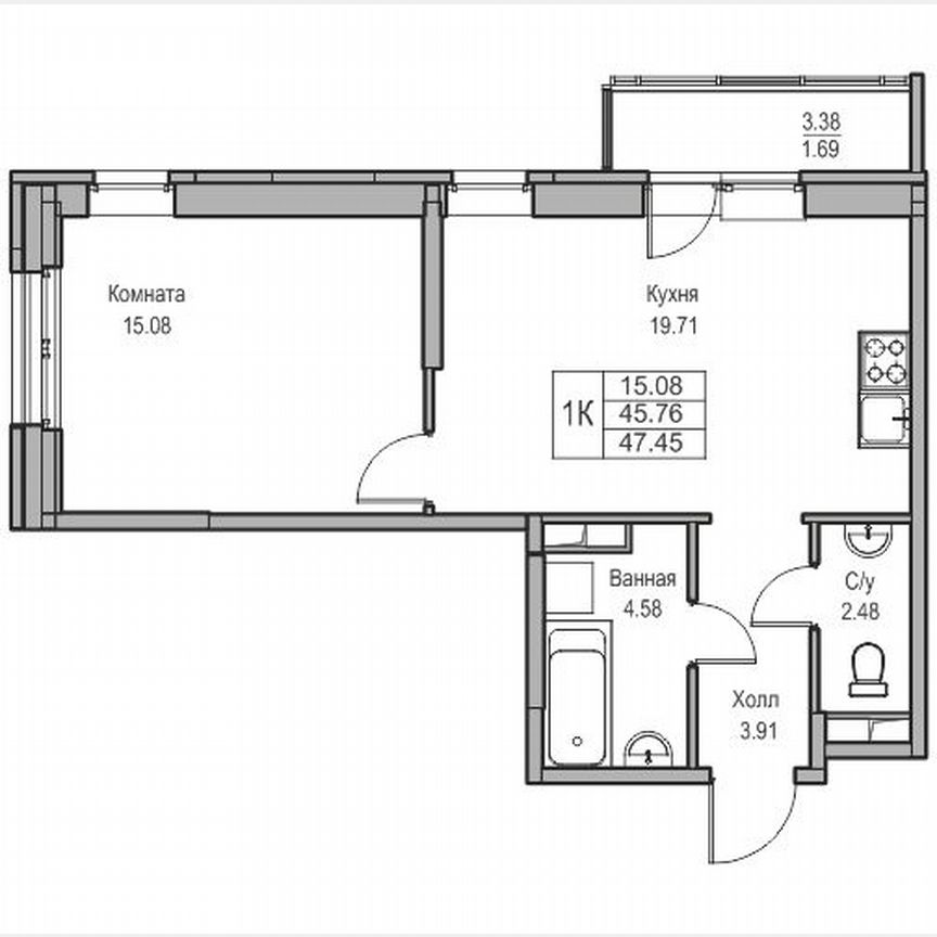 1-к. квартира, 47,5 м², 2/23 эт.