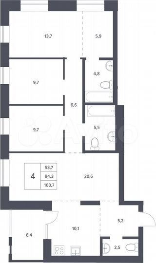 4-к. квартира, 100 м², 2/11 эт.