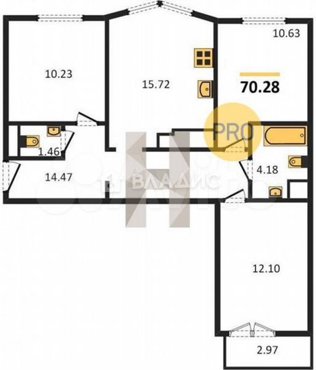 3-к. квартира, 70,3 м², 7/16 эт.