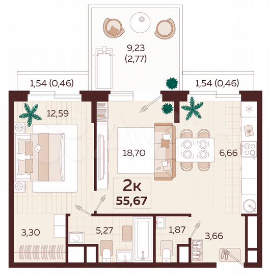 2-к. квартира, 54,8 м², 2/6 эт.