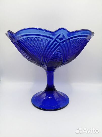 Ваза на ножке Конфетница Цветное Синее Стекло СССР