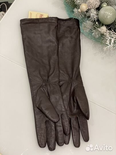 Перчатки кожаные, длинные, темно-коричневого цвета
