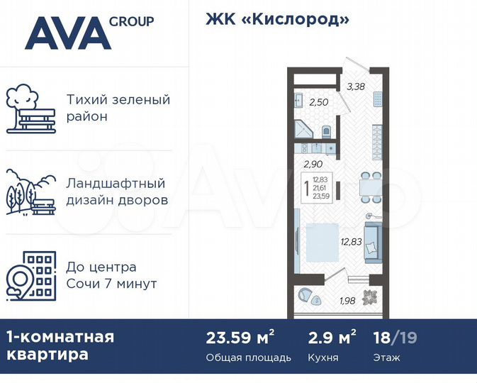 Квартира-студия, 23,6 м², 18/19 эт.
