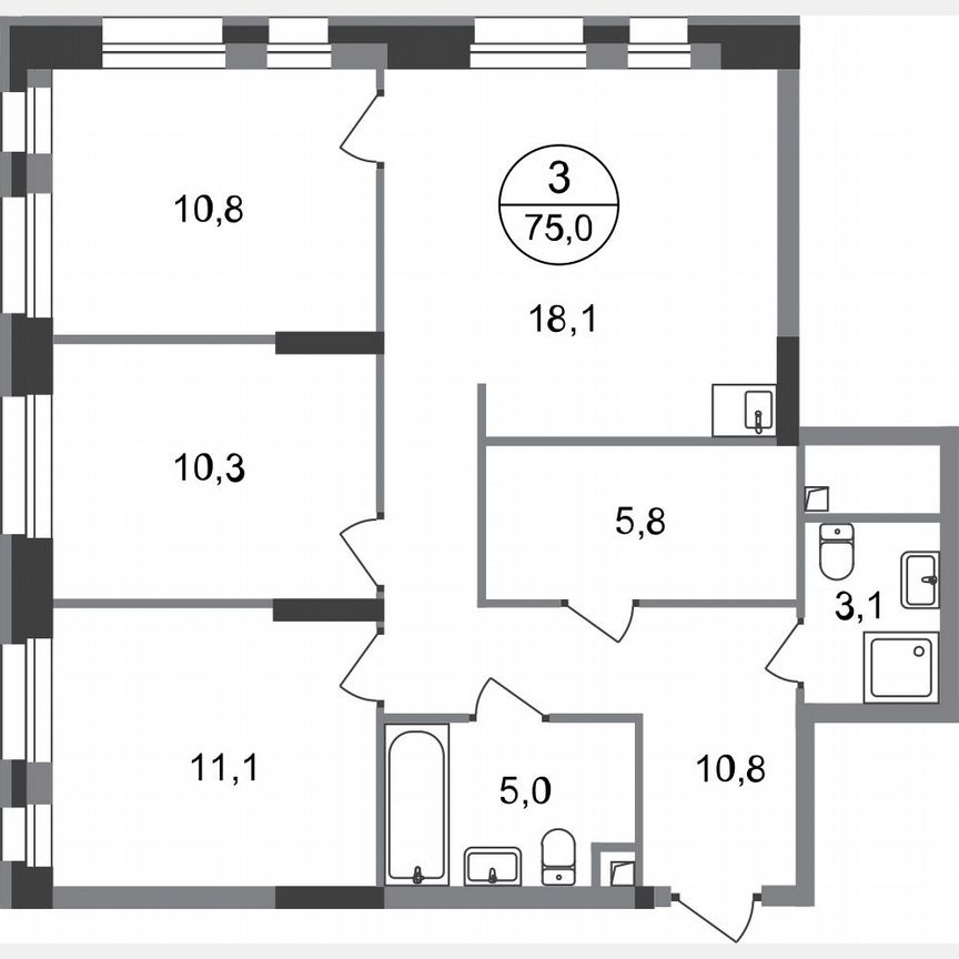 3-к. квартира, 75 м², 1/20 эт.