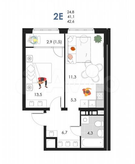 2-к. квартира, 42,6 м², 5/6 эт.