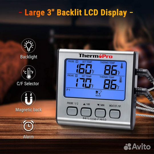 Термощуп для мяса профессиональный 2 зонда, таймер
