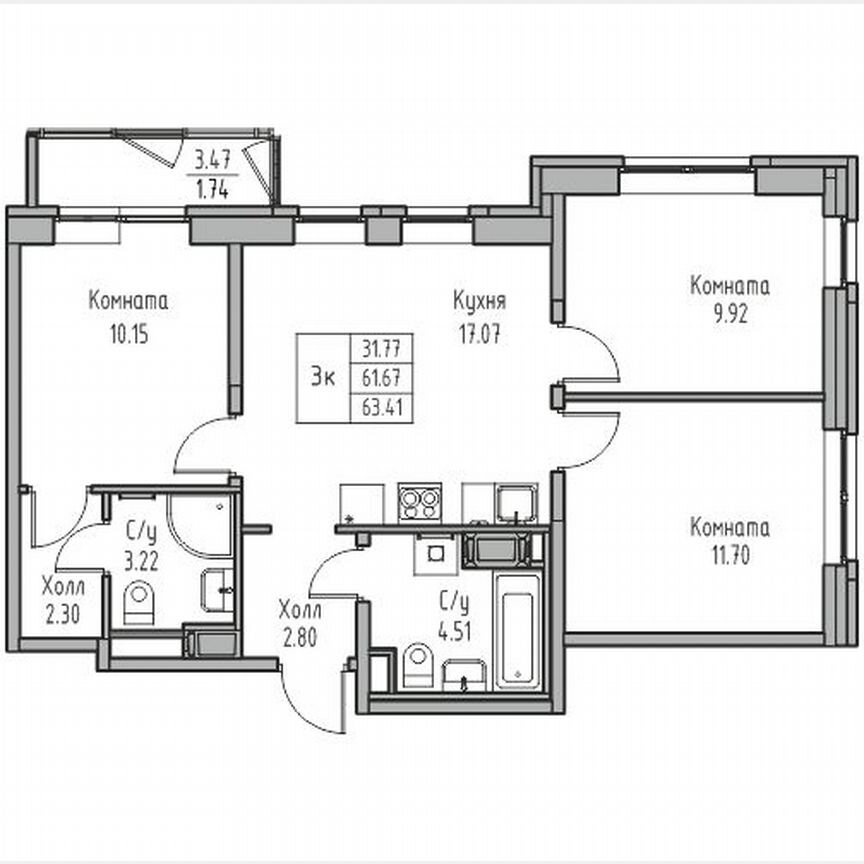 3-к. квартира, 63,4 м², 16/23 эт.