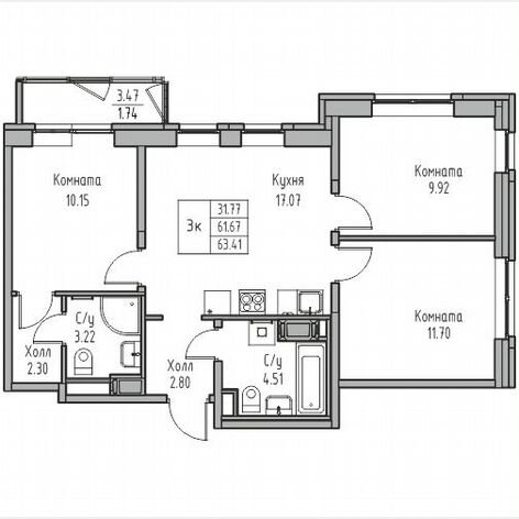 3-к. квартира, 63,4 м², 16/23 эт.
