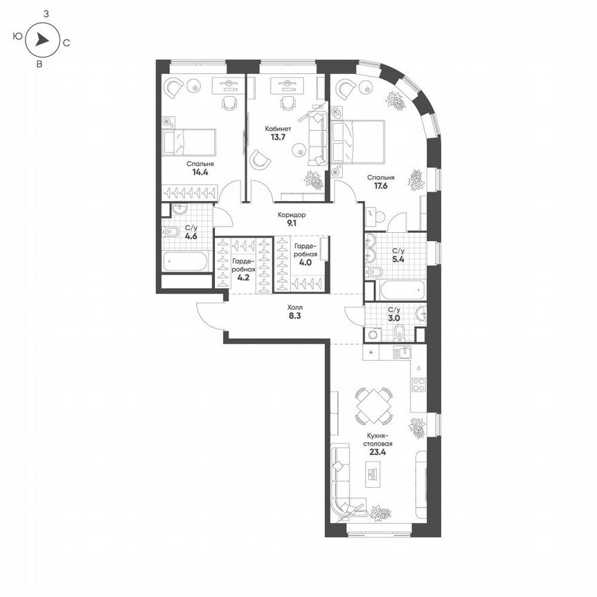 3-к. квартира, 107,7 м², 3/16 эт.