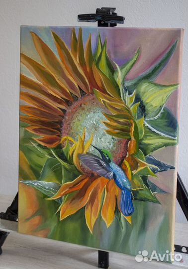 Картина маслом интерьерная Подсолнух с птичкой