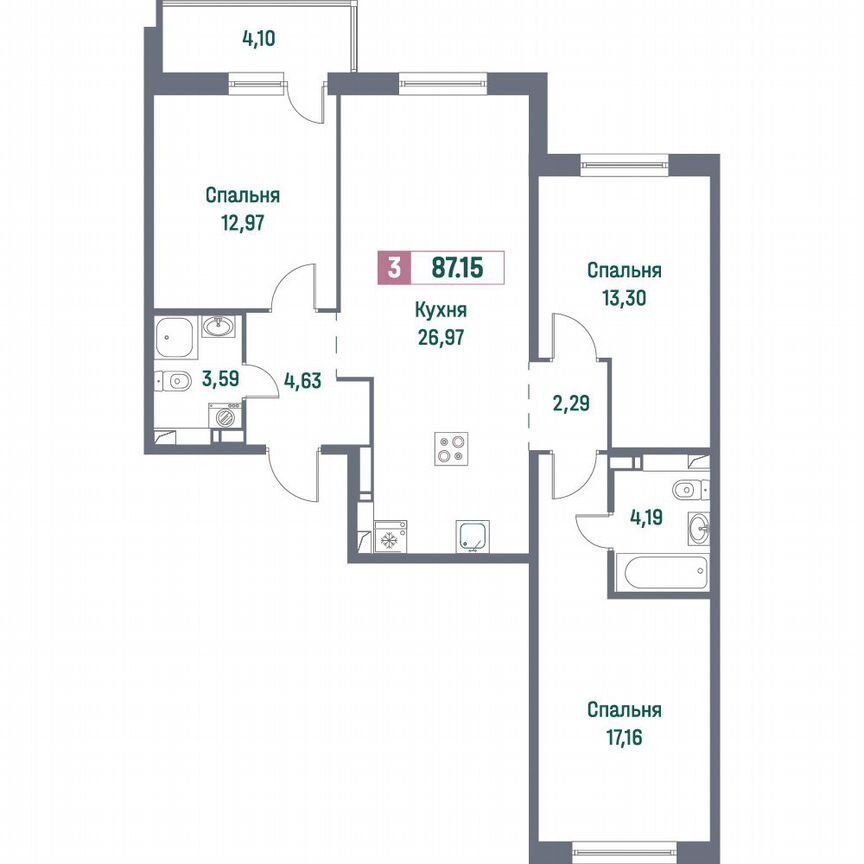 3-к. квартира, 87,2 м², 4/16 эт.
