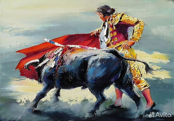 Текстурная картина маслом тореадор с быком