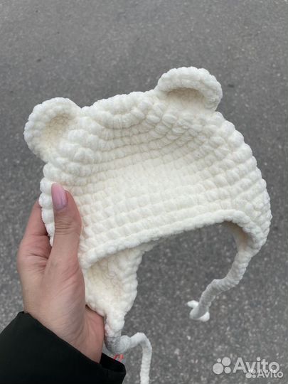 Плюшевая Шапка детская на завязках с ушками