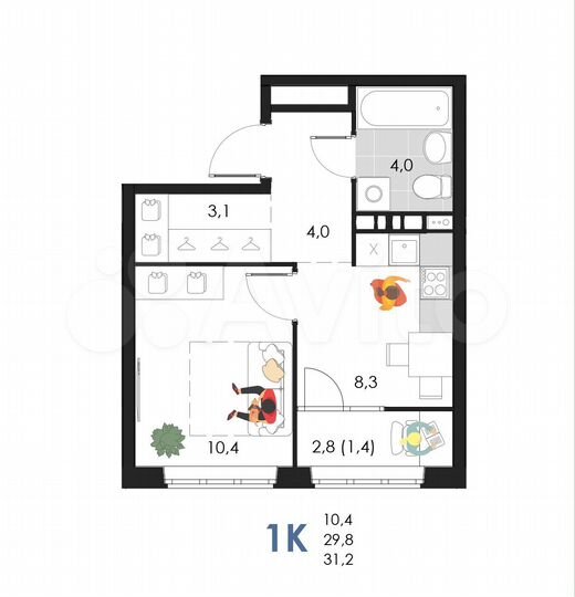 1-к. квартира, 31,2 м², 6/6 эт.