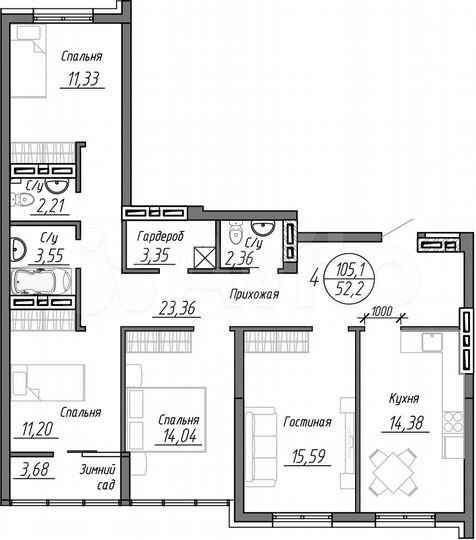 4-к. квартира, 105,1 м², 20/25 эт.