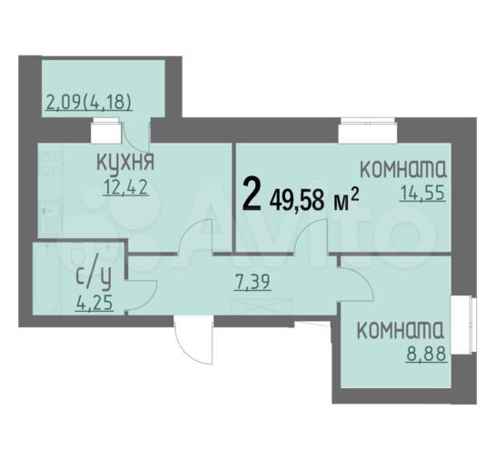 2-к. квартира, 49,6 м², 6/9 эт.