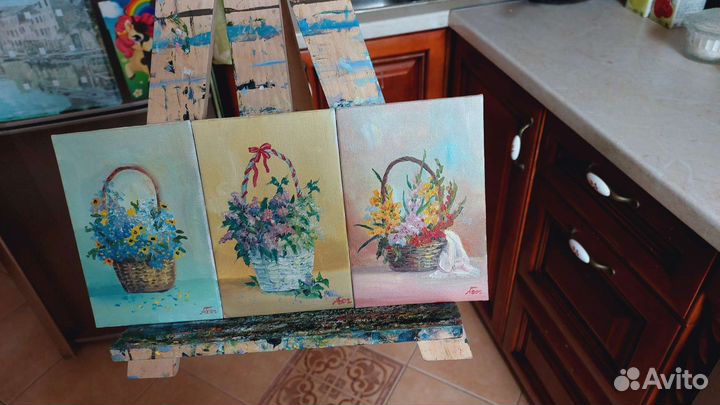 Картины Триптих цветы в корзинках