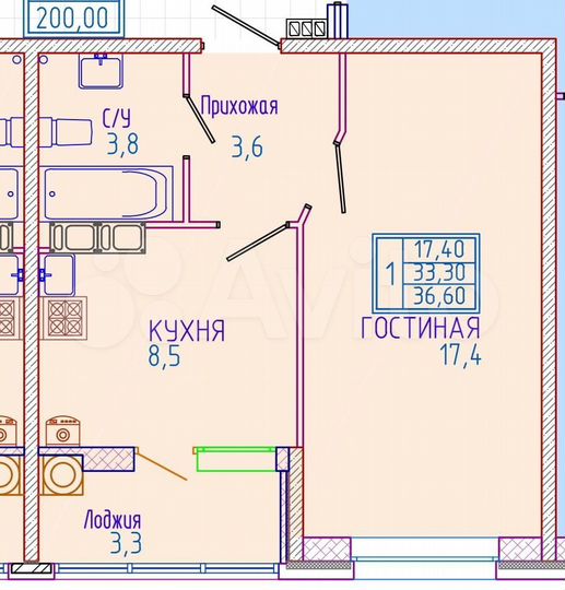 1-к. квартира, 36,6 м², 8/8 эт.